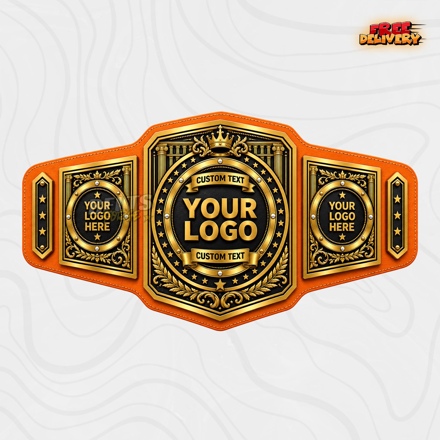 Custom Roman Column Championship Belt in orange genuine leather strap showing gold vintage engraved plates