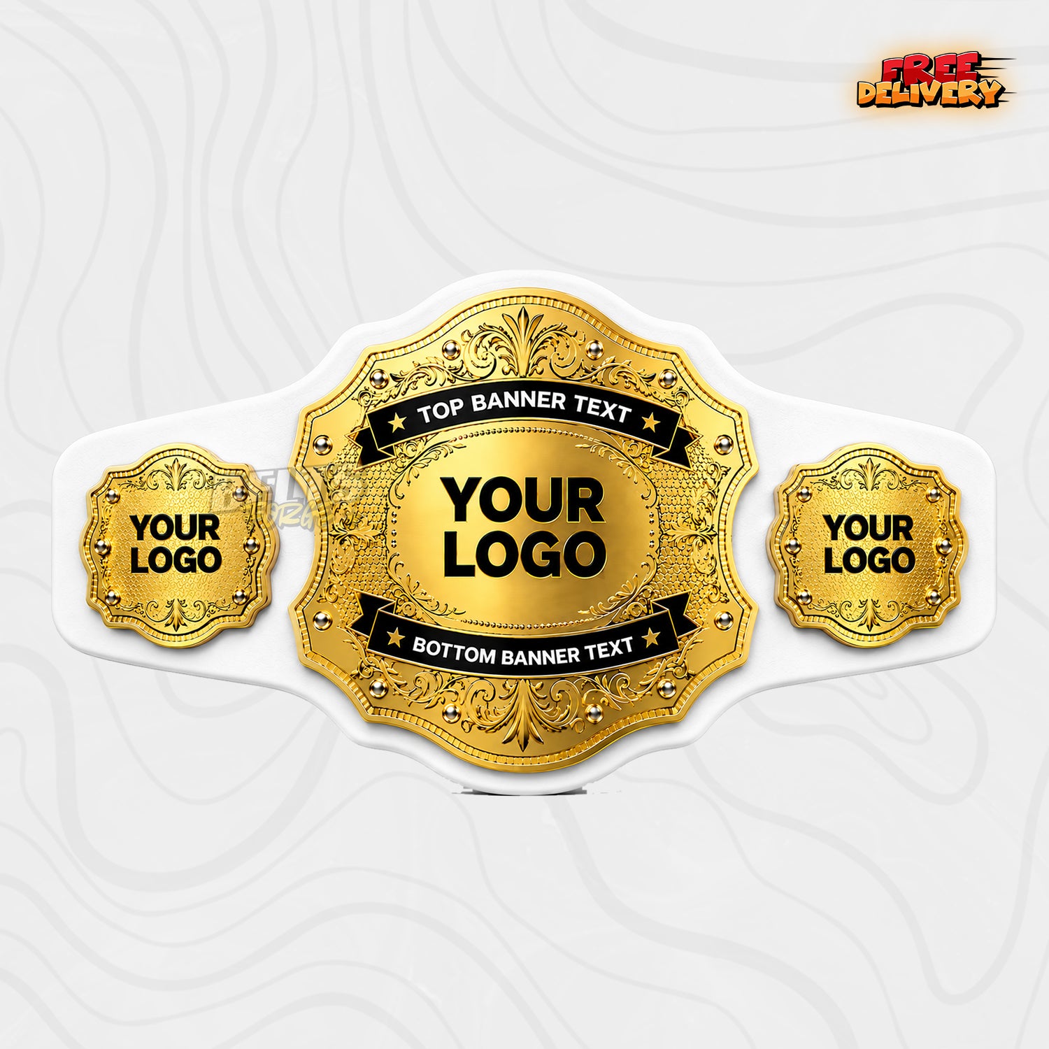 Custom Scalloped Gold Championship Belt in white genuine leather strap showing gold vintage plates with custom banner text