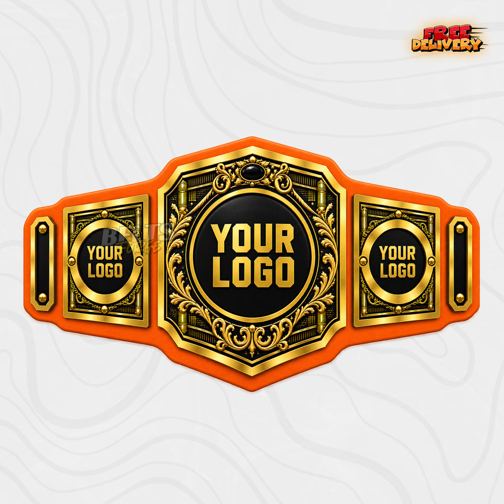 Custom Ornate Gold Championship Belt in orange genuine leather strap showing ornate gold filigree plates