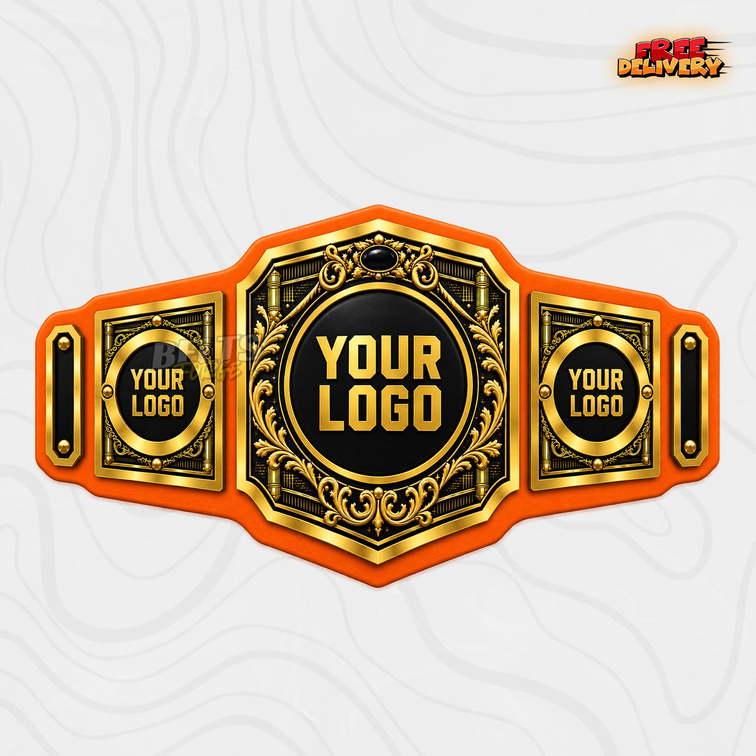 Custom Ornate Gold Championship Belt in orange genuine leather strap showing ornate gold filigree plates