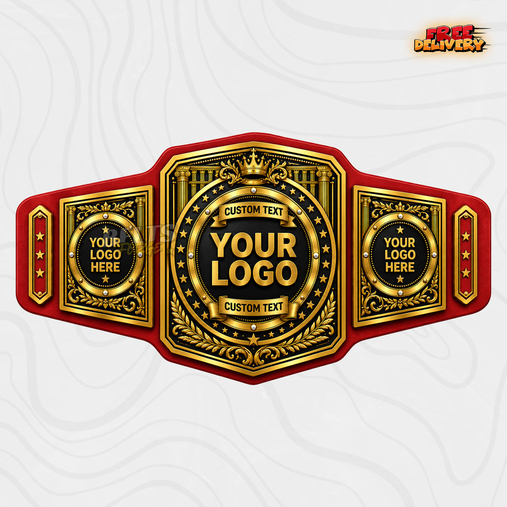Custom Roman Column Championship Belt in red genuine leather strap showing ornate gold plates with crown and laurel detail