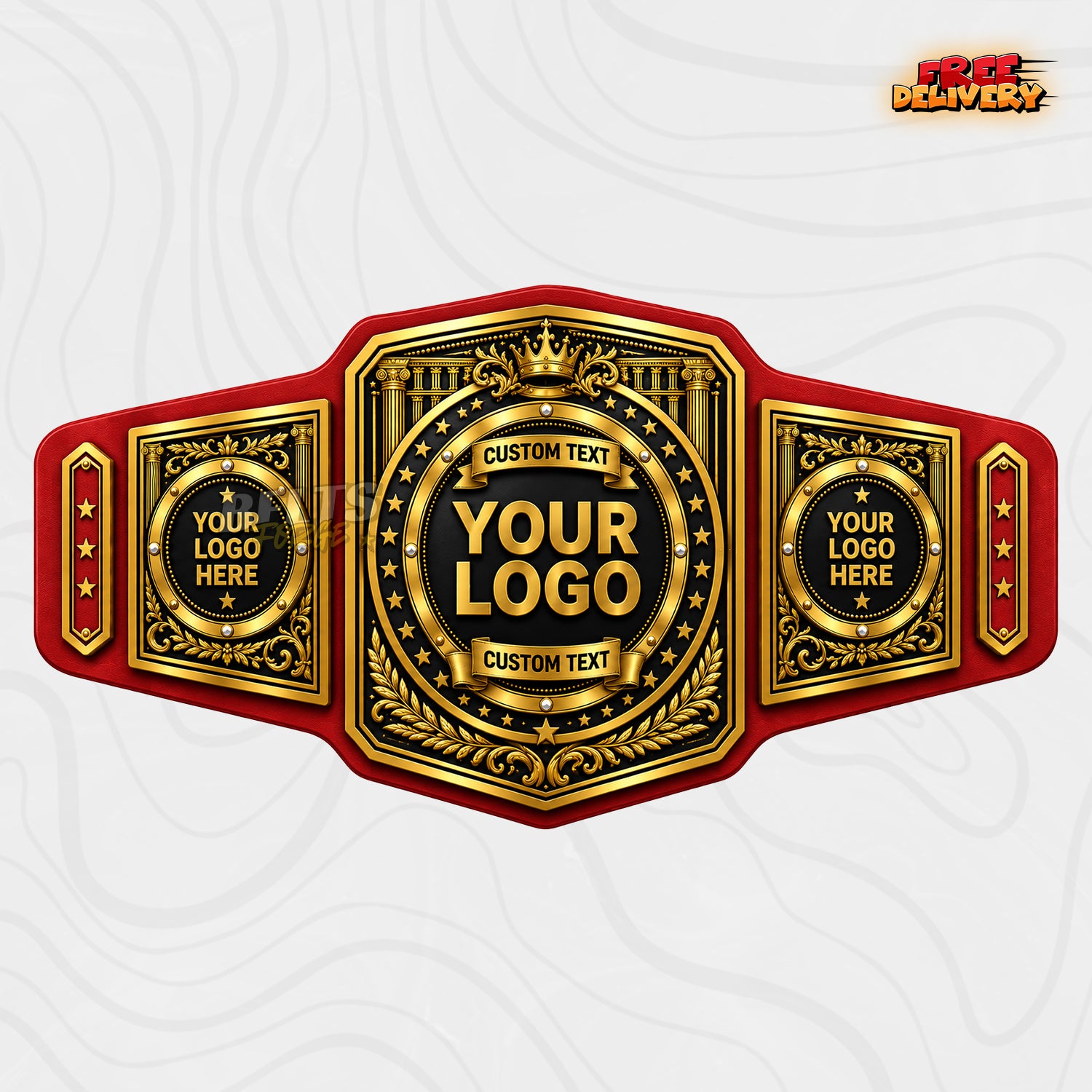 Custom Roman Column Championship Belt in red genuine leather strap showing ornate gold plates with crown and laurel detail