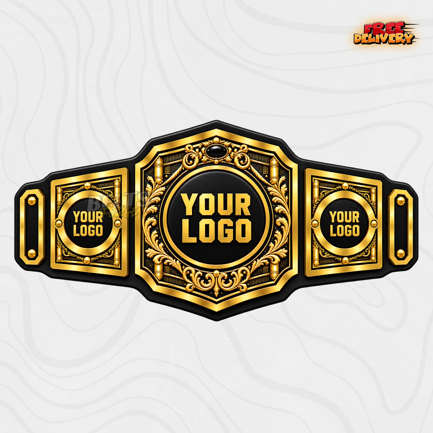 Custom Ornate Gold Championship Belt in black genuine leather strap showing baroque scrollwork gold plates by Belts Forge