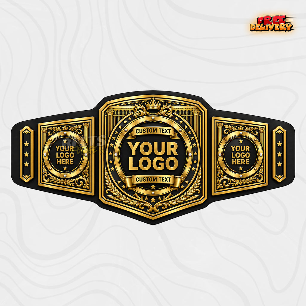 Custom Roman Column Championship Belt in black genuine leather strap showing ornate gold Roman column plates with crown by Belts Forge