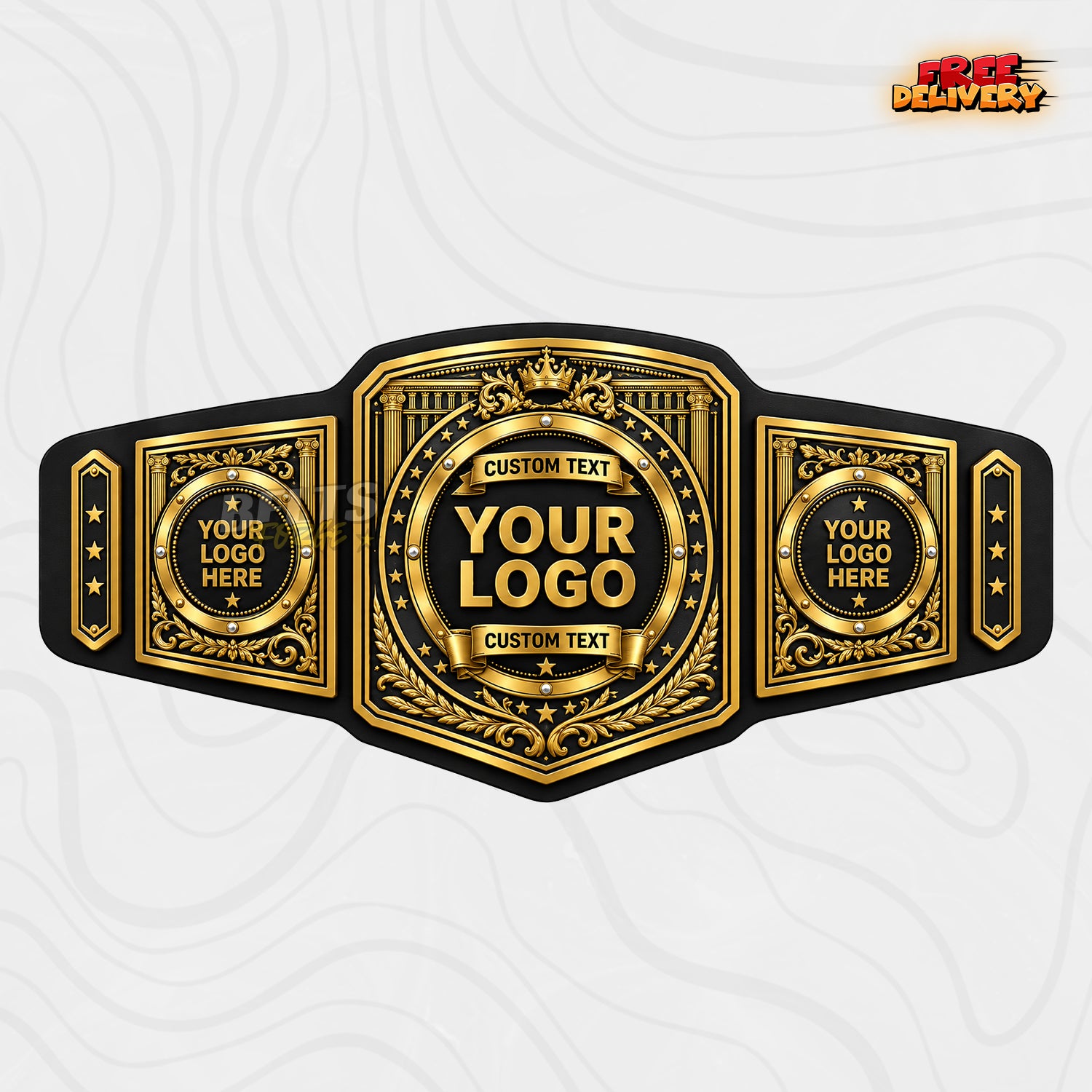Custom Roman Column Championship Belt in black genuine leather strap showing ornate gold Roman column plates with crown by Belts Forge