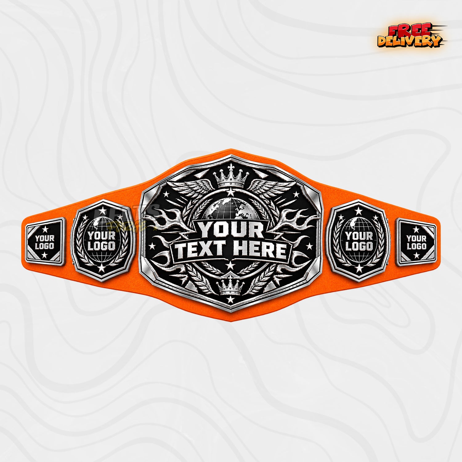 Custom Silver Globe Championship Belt in orange genuine leather strap showing silver black flame globe centre plate