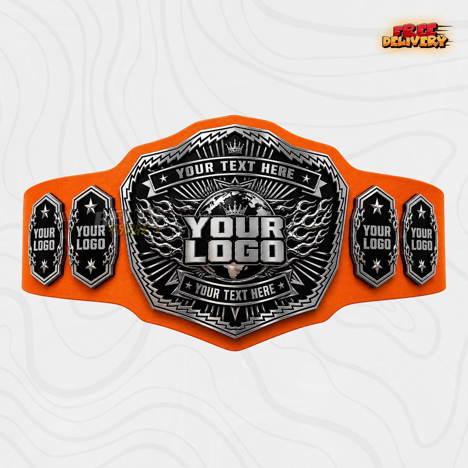 Custom Silver Chrome Championship Belt in orange genuine leather strap showing silver black flame globe centre plate