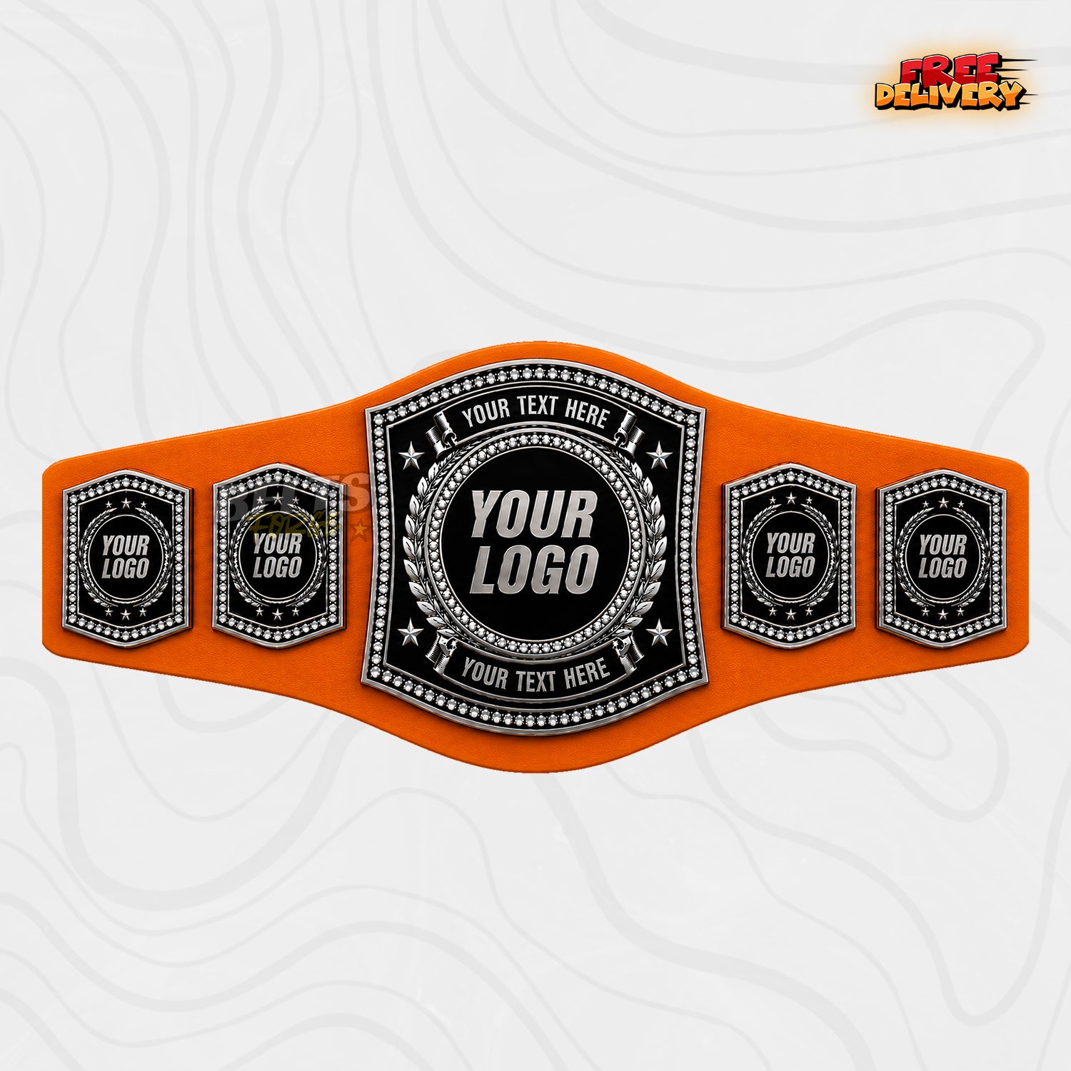 Custom Silver Rhinestone Championship Belt in orange genuine leather strap showing silver black plates with rhinestone border
