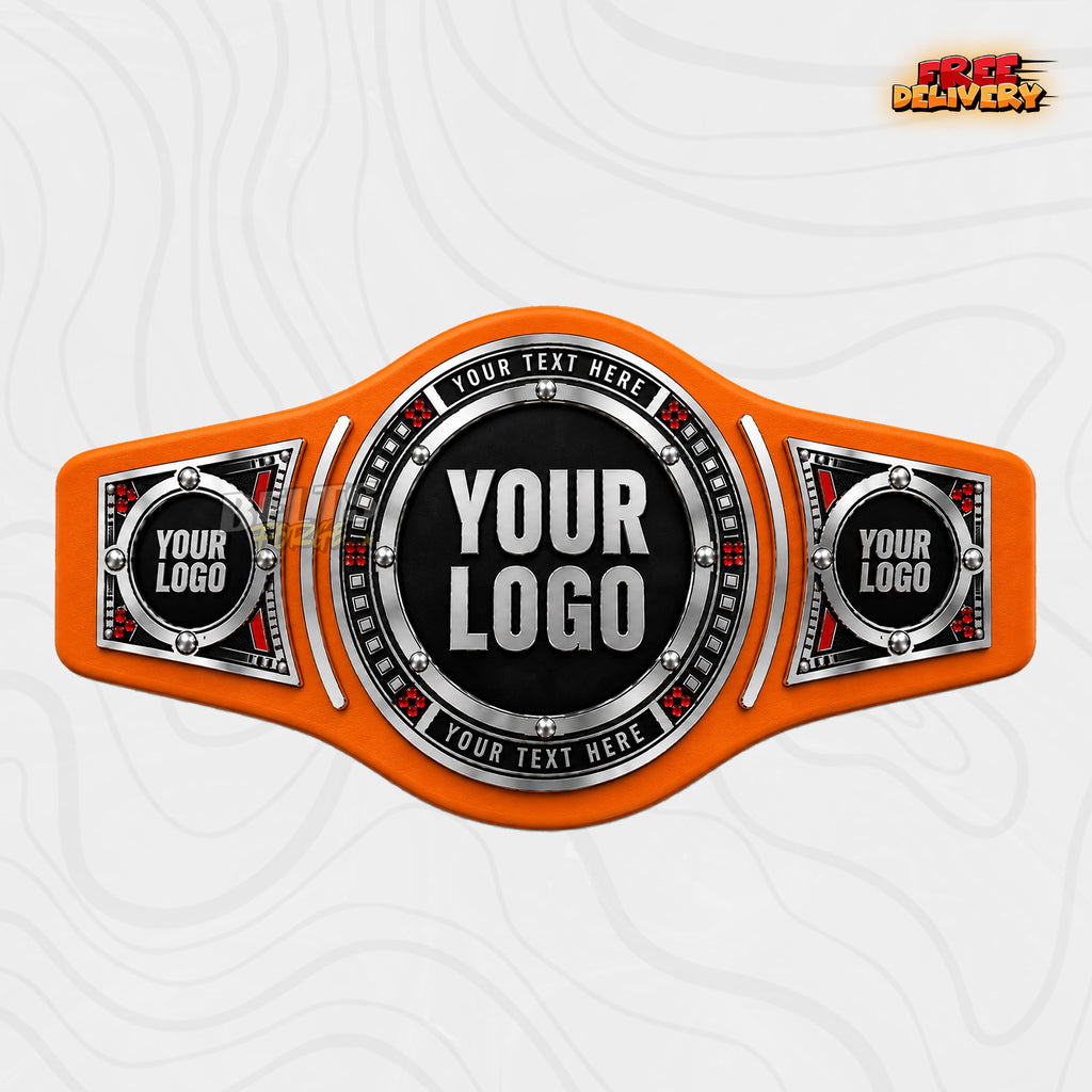 Custom Silver Ruby Round Championship Belt in orange genuine leather strap showing silver black round plate with red gems