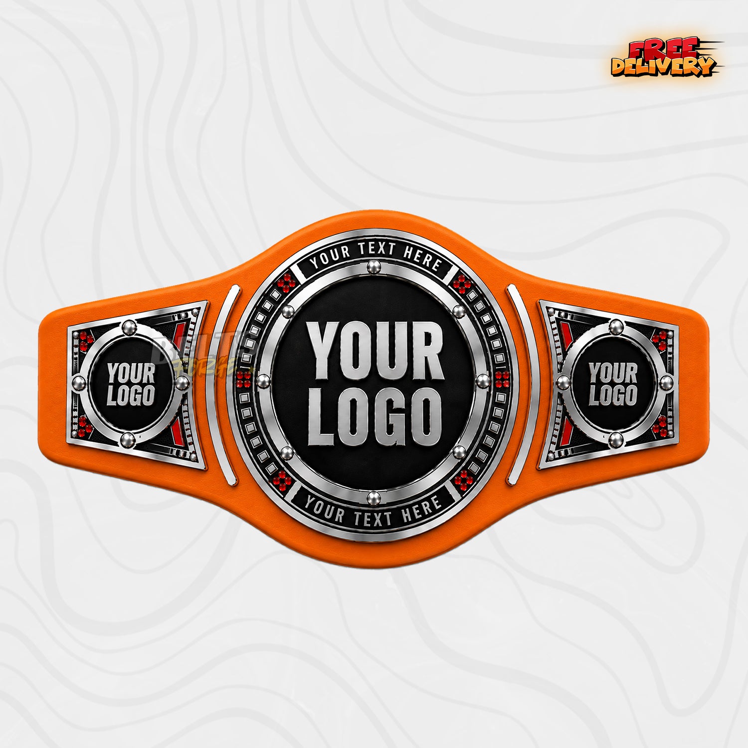 Custom Silver Ruby Round Championship Belt in orange genuine leather strap showing silver black round plate with red gems