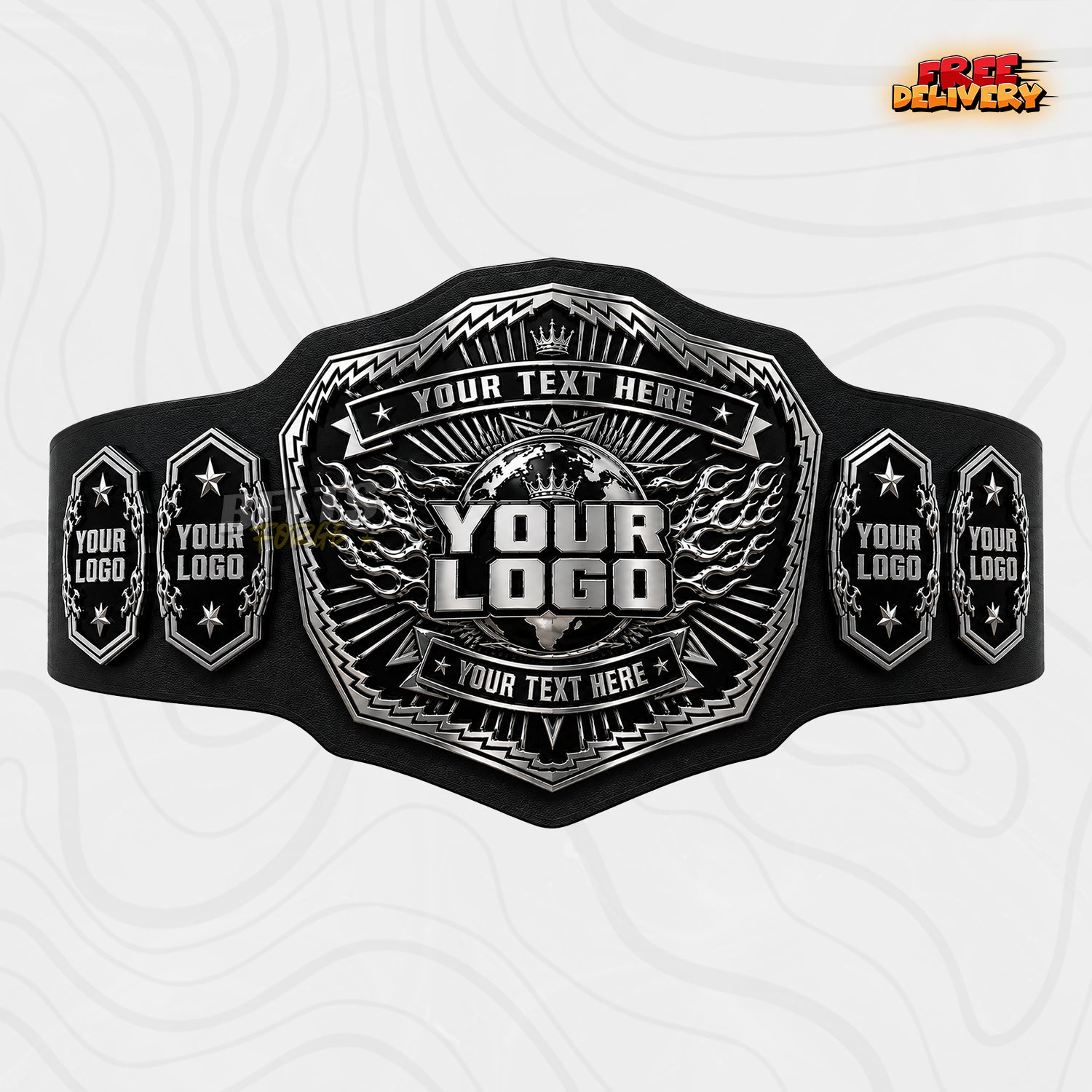 Custom Silver Chrome Championship Belt in black genuine leather strap showing silver chrome flaming globe crown plate by Belts Forge