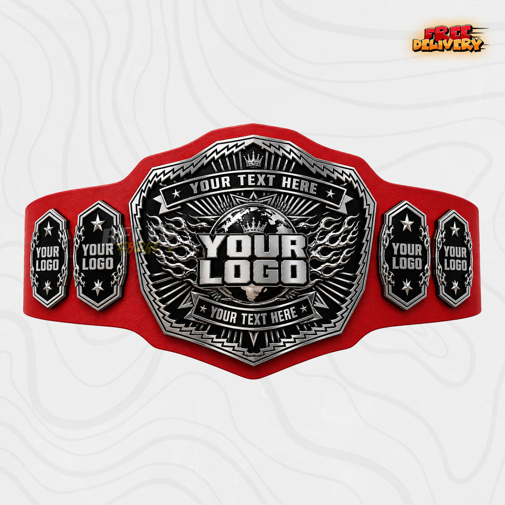 Custom Silver Chrome Championship Belt in red genuine leather strap showing silver chrome plates with custom text banners