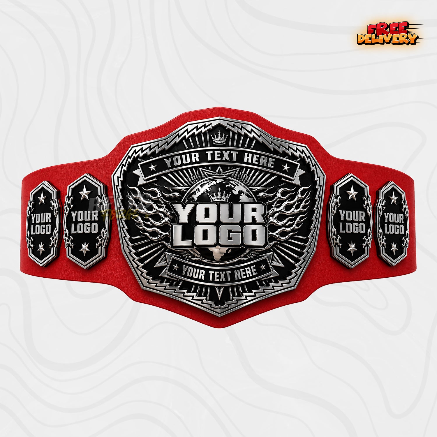Custom Silver Chrome Championship Belt in red genuine leather strap showing silver chrome plates with custom text banners