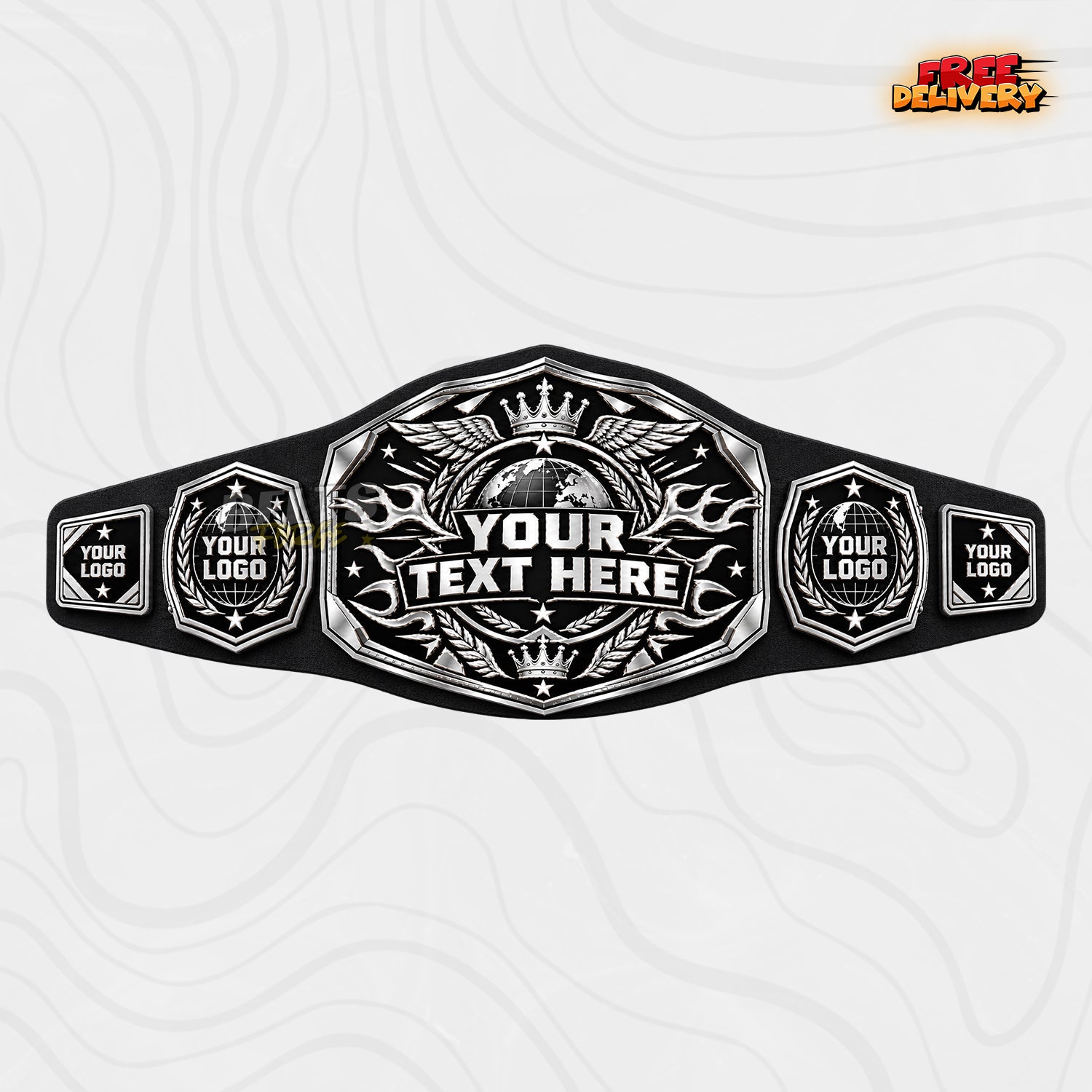 Custom Silver Globe Championship Belt in black genuine leather strap showing silver chrome plates with custom text banner by Belts Forge