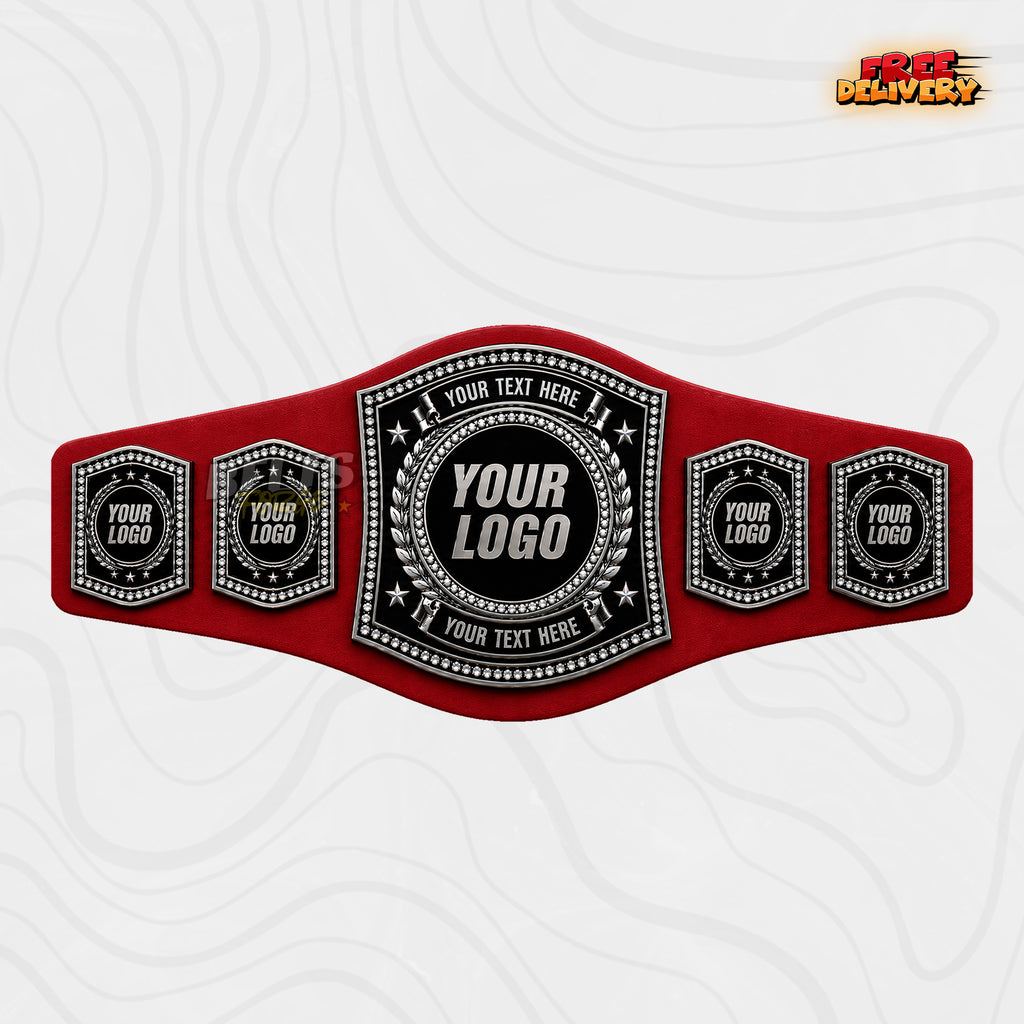 Custom Silver Rhinestone Championship Belt in red genuine leather strap showing silver crystal studded plates with custom logo text