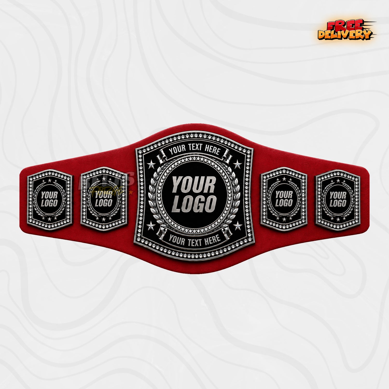 Custom Silver Rhinestone Championship Belt in red genuine leather strap showing silver crystal studded plates with custom logo text