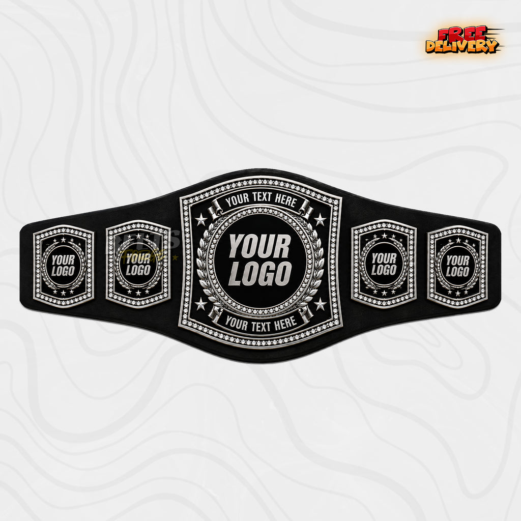 Custom Silver Rhinestone Championship Belt in black genuine leather strap showing silver plates with laurel wreath and rhinestone border by Belts Forge