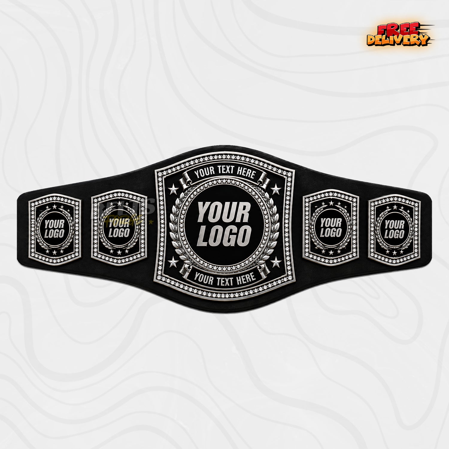 Custom Silver Rhinestone Championship Belt in black genuine leather strap showing silver plates with laurel wreath and rhinestone border by Belts Forge