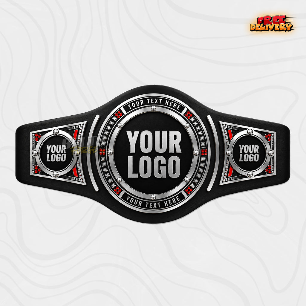 Custom Silver Ruby Round Championship Belt in black genuine leather strap showing silver round centre plate with ruby red gems by Belts Forge
