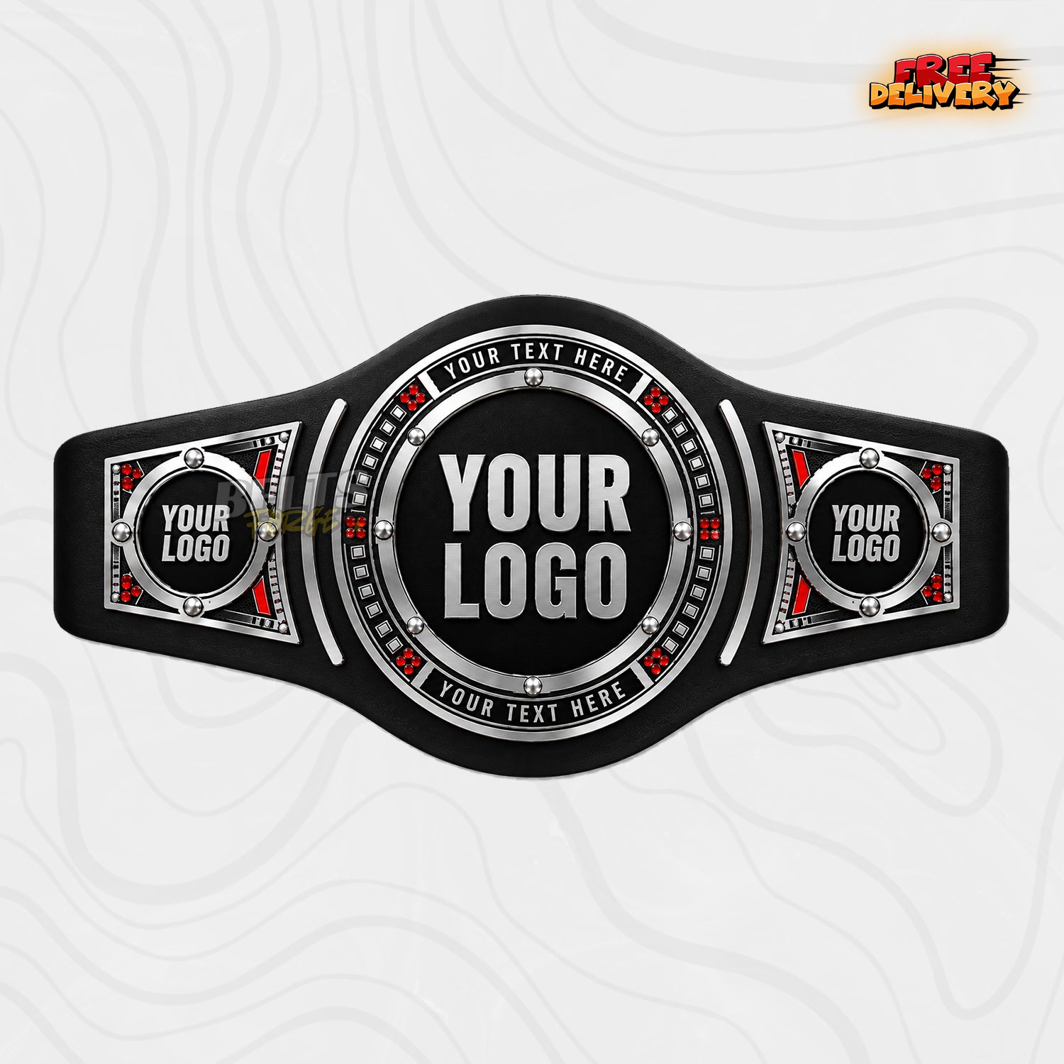 Custom Silver Ruby Round Championship Belt in black genuine leather strap showing silver round centre plate with ruby red gems by Belts Forge