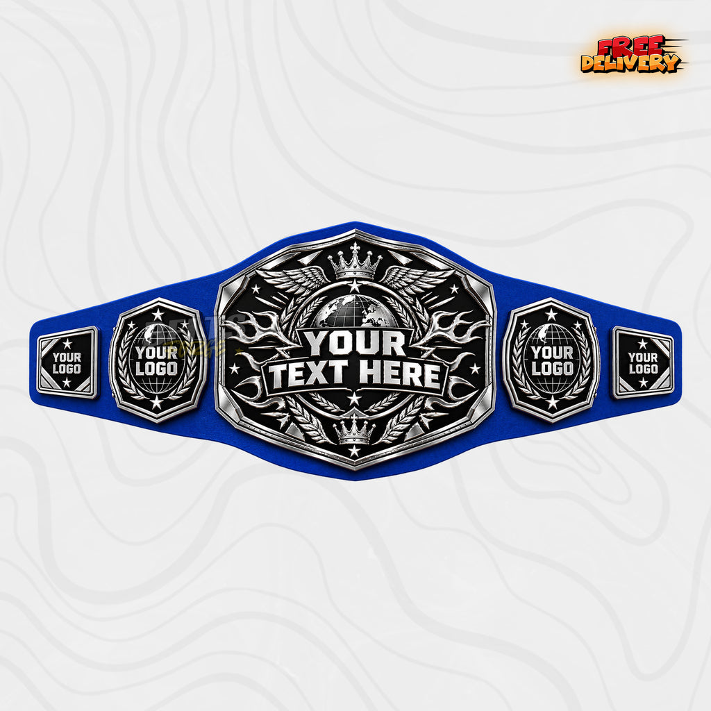 Custom Silver Globe Championship Belt in royal blue genuine leather strap showing silver winged globe crown plate with custom text