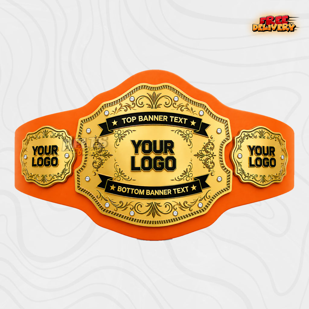Custom Gold Filigree Banner Championship Belt in orange genuine leather strap showing solid gold oval logo plate with custom banner text