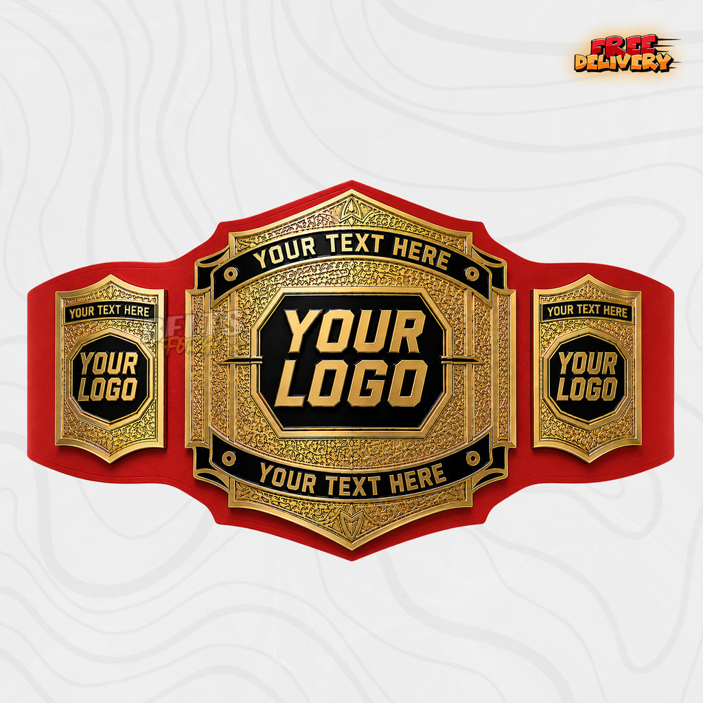 Custom Vintage Gold Championship Belt in red genuine leather strap showing vintage engraved gold plates