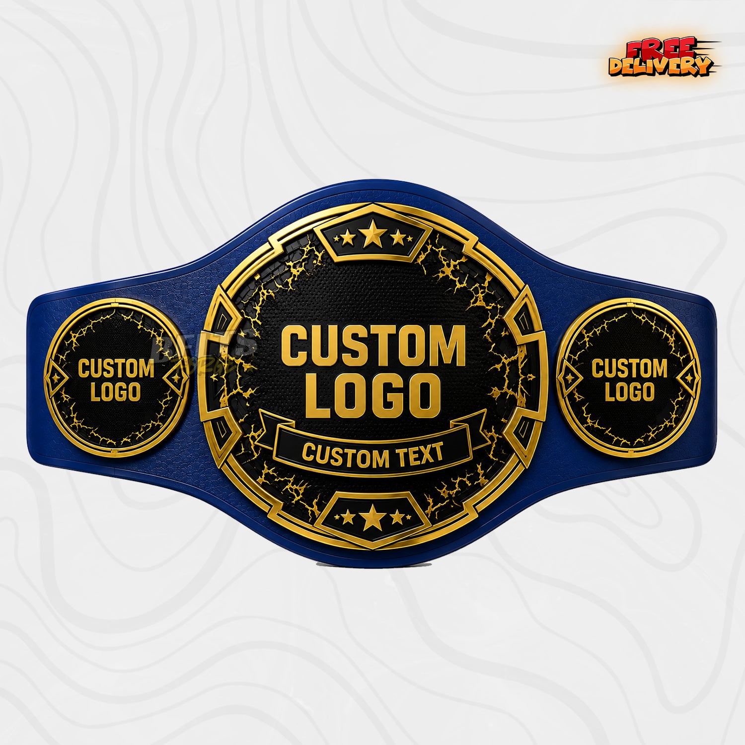 Custom Black and Gold Star Championship Belt in royal blue genuine leather strap showing black gold plates with star crests and custom logo text