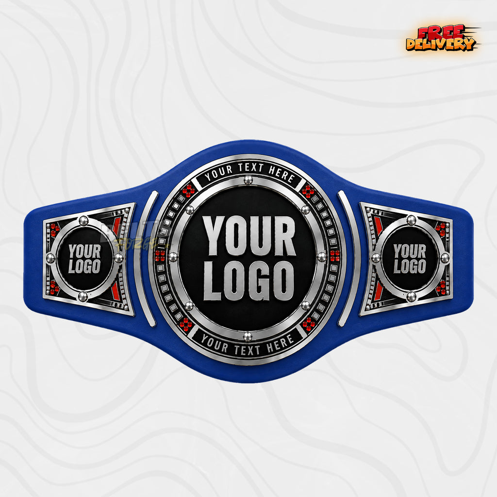 Custom Silver Ruby Round Championship Belt in royal blue genuine leather strap showing chrome silver plates with red crystals
