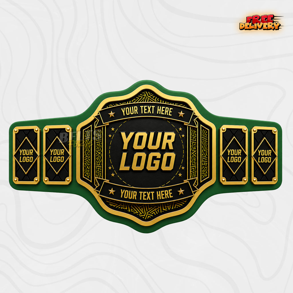 Custom Black and Gold Banner Championship Belt in green genuine leather strap showing gold Aztec engraved plates with custom name banner