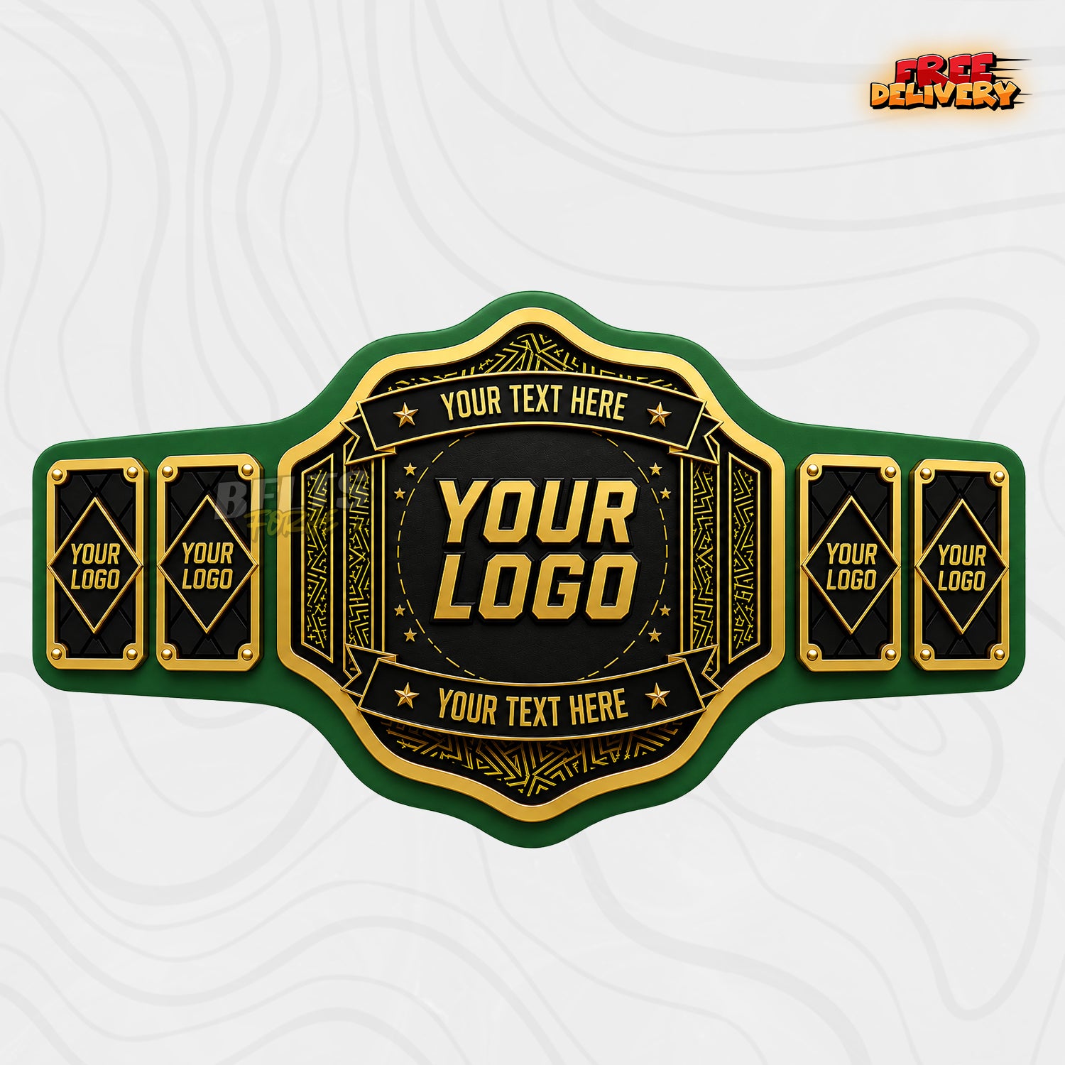 Custom Black and Gold Banner Championship Belt in green genuine leather strap showing gold Aztec engraved plates with custom name banner