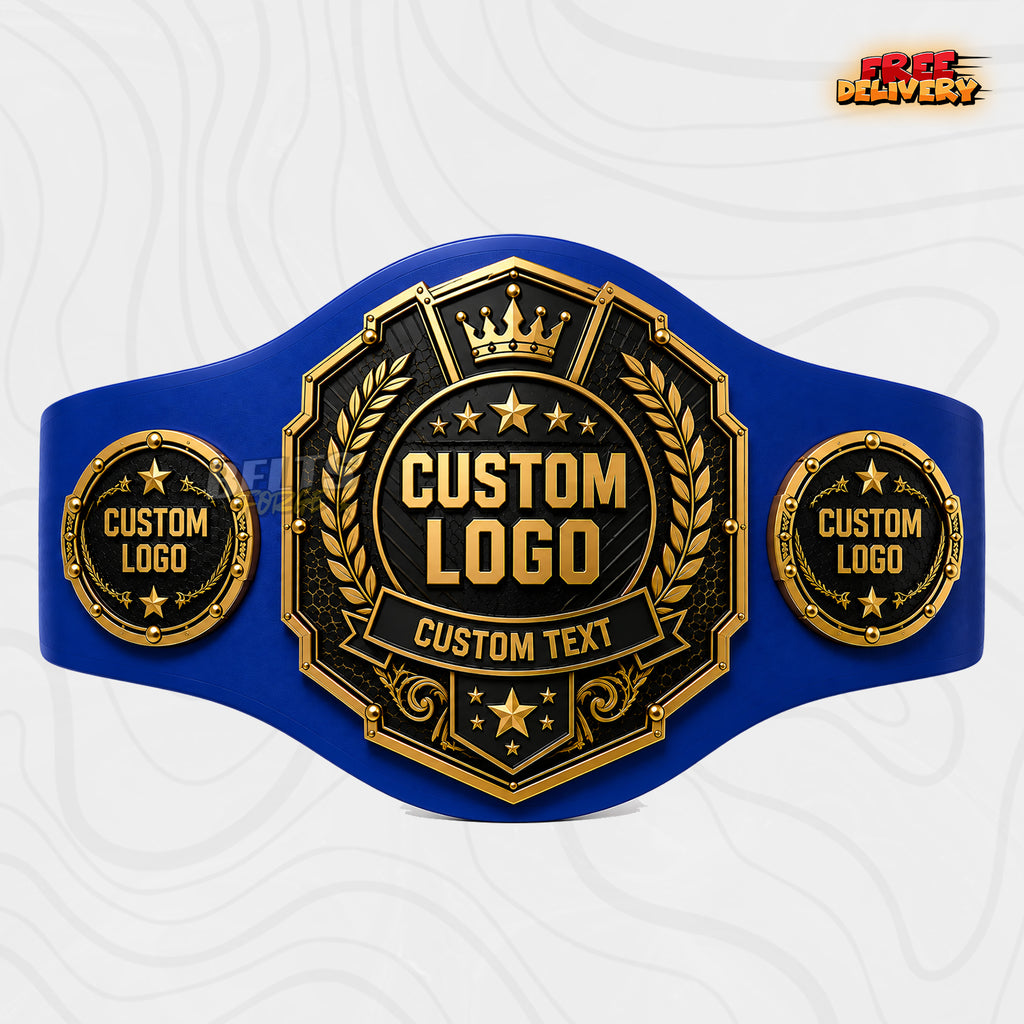 Custom Crown Octagon Championship Belt in royal blue genuine leather strap showing gold black crown plates with riveted side plates