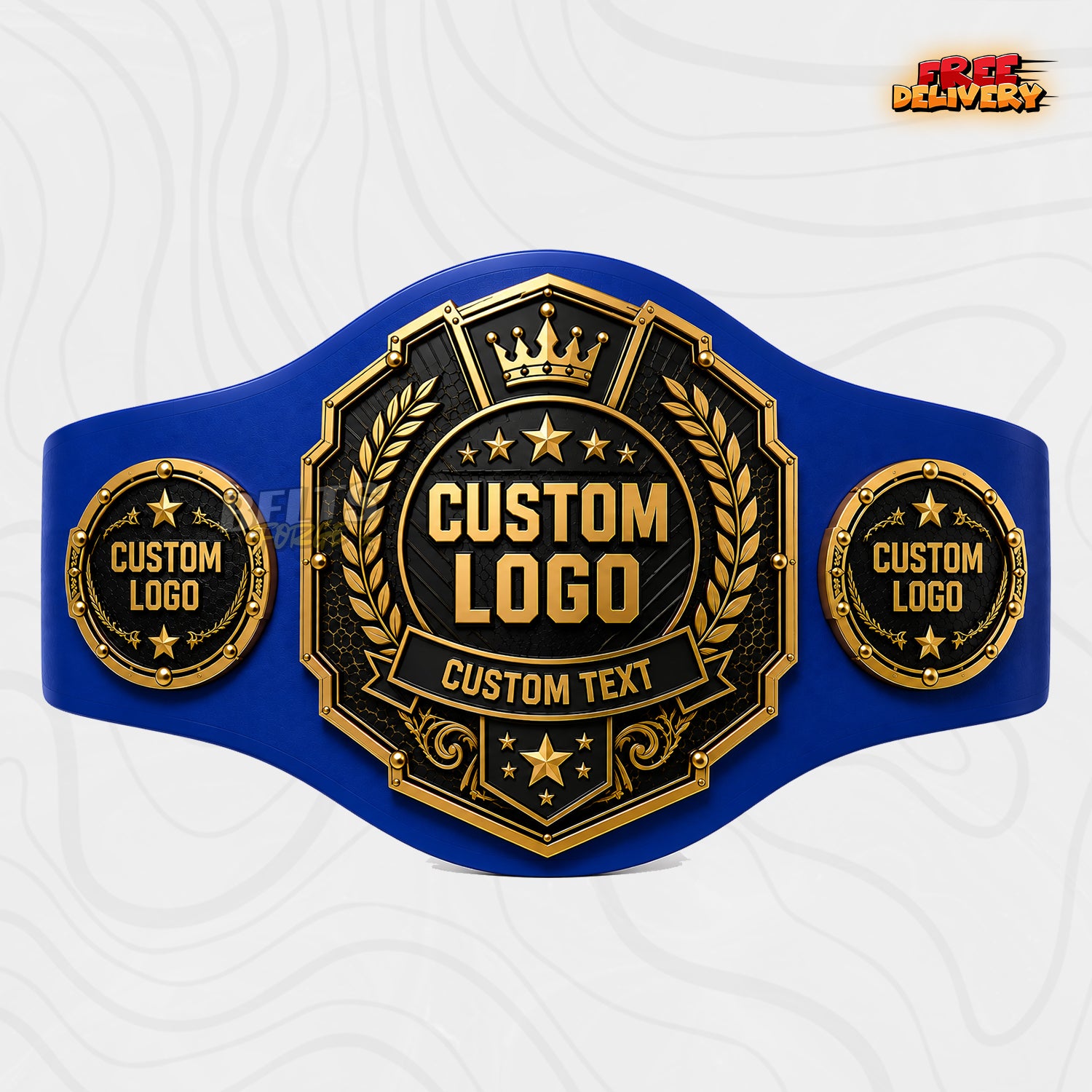 Custom Crown Octagon Championship Belt in royal blue genuine leather strap showing gold black crown plates with riveted side plates