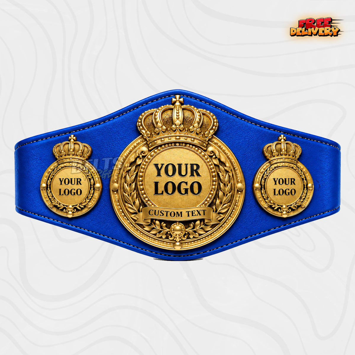 Custom Royal Crown Medallion Championship Belt in royal blue genuine leather strap showing gold crown laurel medallion with three logo plates