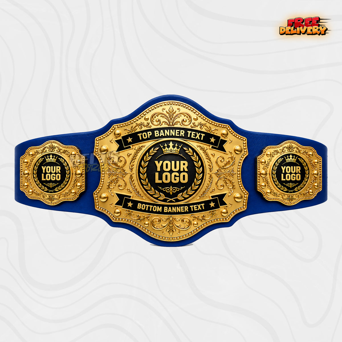 Custom Gold Baroque Banner Championship Belt in royal blue genuine leather strap showing gold crown laurel plate with custom banner text