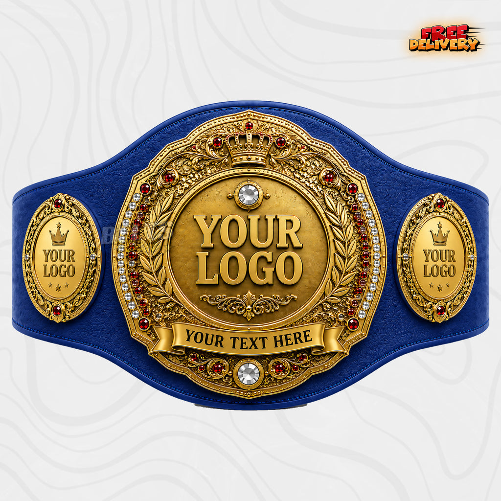 Custom Royal Crown Laurel Championship Belt in royal blue genuine leather strap showing gold crown laurel plate ready for custom logo and text