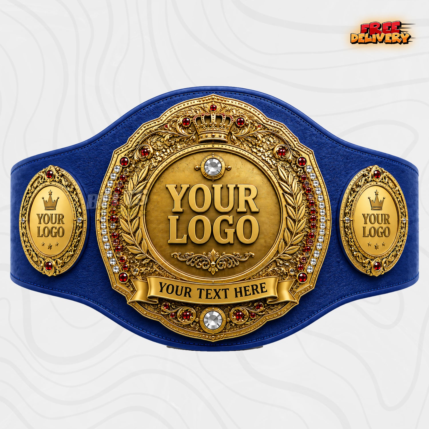 Custom Royal Crown Laurel Championship Belt in royal blue genuine leather strap showing gold crown laurel plate ready for custom logo and text