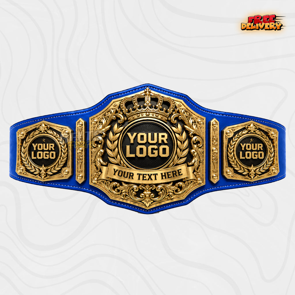 Custom Royal Crown Baroque Scroll Championship Belt in royal blue genuine leather strap showing gold crown laurel wreath plate with custom logo banner