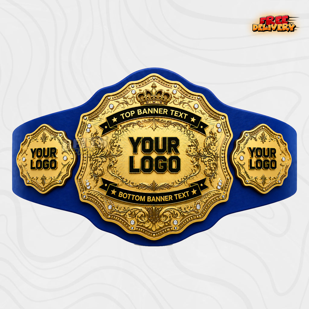 Custom Crown Sunburst Championship Belt in royal blue genuine leather strap showing gold crown ornate plates with crystal studs
