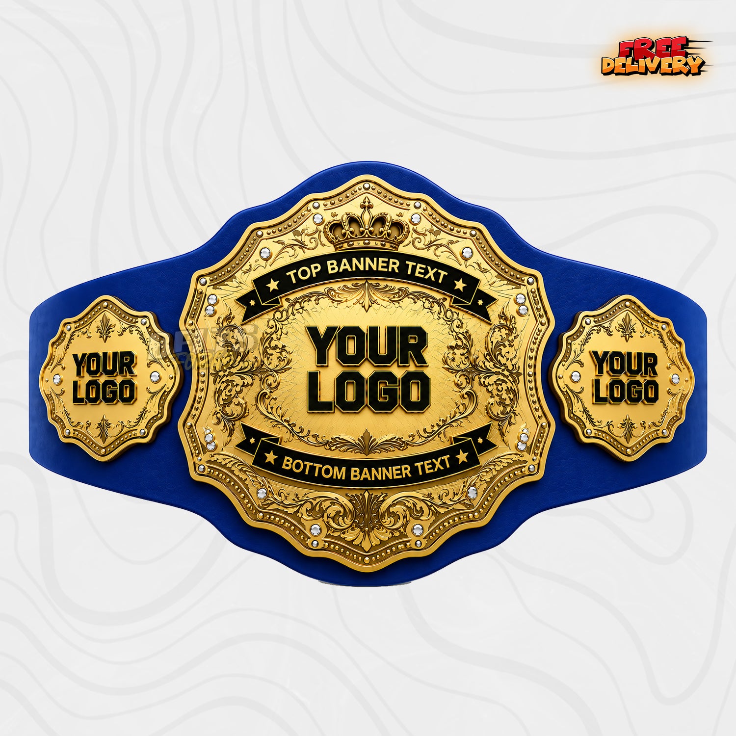 Custom Crown Sunburst Championship Belt in royal blue genuine leather strap showing gold crown ornate plates with crystal studs