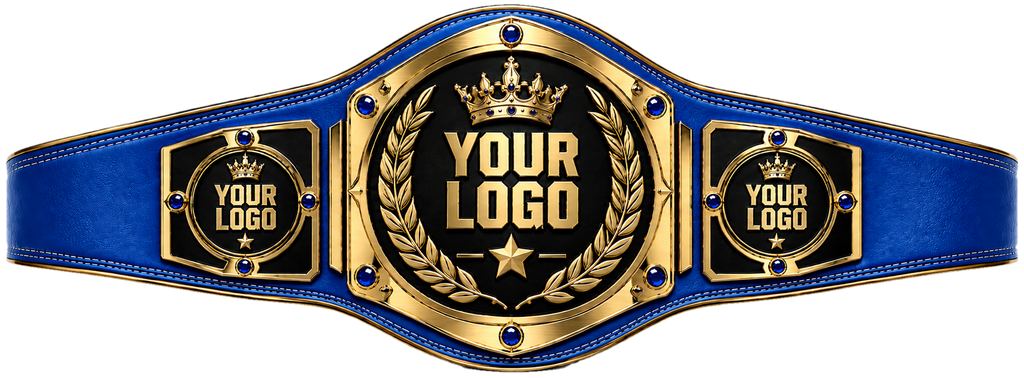 Custom Crown Laurel Gemstone Championship Belt in royal blue genuine leather strap showing gold crown plate with blue sapphire gems