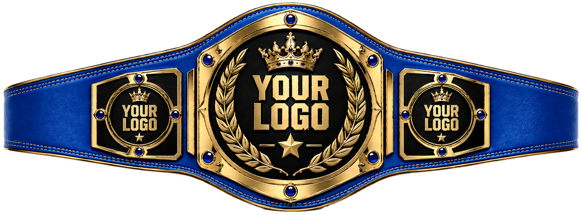 Custom Crown Laurel Gemstone Championship Belt in royal blue genuine leather strap showing gold crown plate with blue sapphire gems