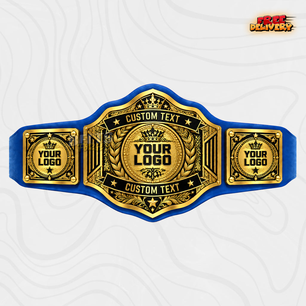 Custom Crown Laurel Dual Banner Championship Belt in royal blue genuine leather strap showing gold crown plates with three logo plates and custom text