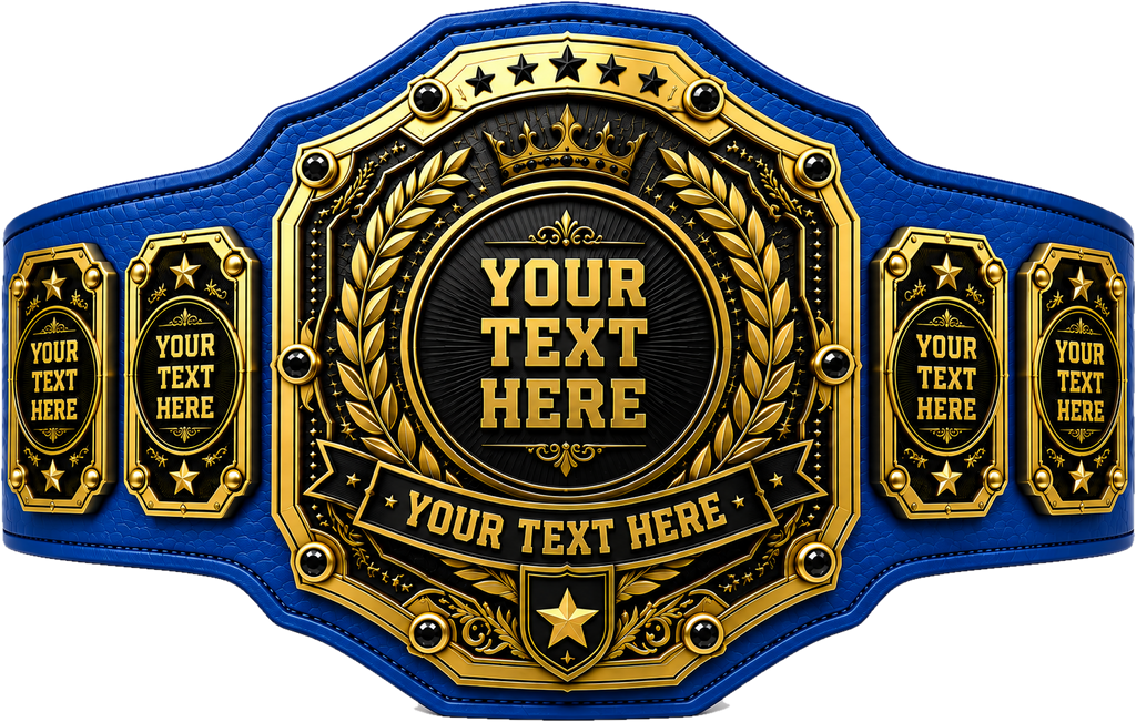 Custom Black and Gold Onyx Crown Championship Belt in royal blue genuine leather strap showing gold crown star plates with personalized name text