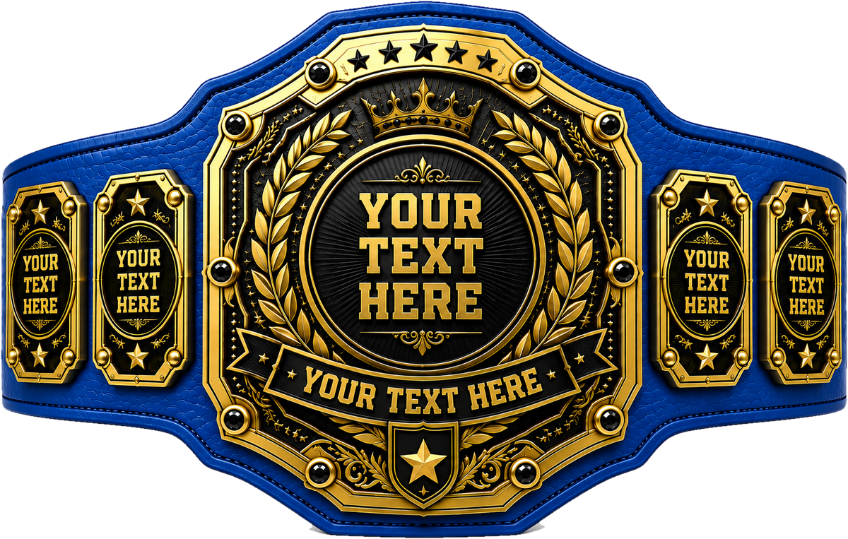 Custom Black and Gold Onyx Crown Championship Belt in royal blue genuine leather strap showing gold crown star plates with personalized name text