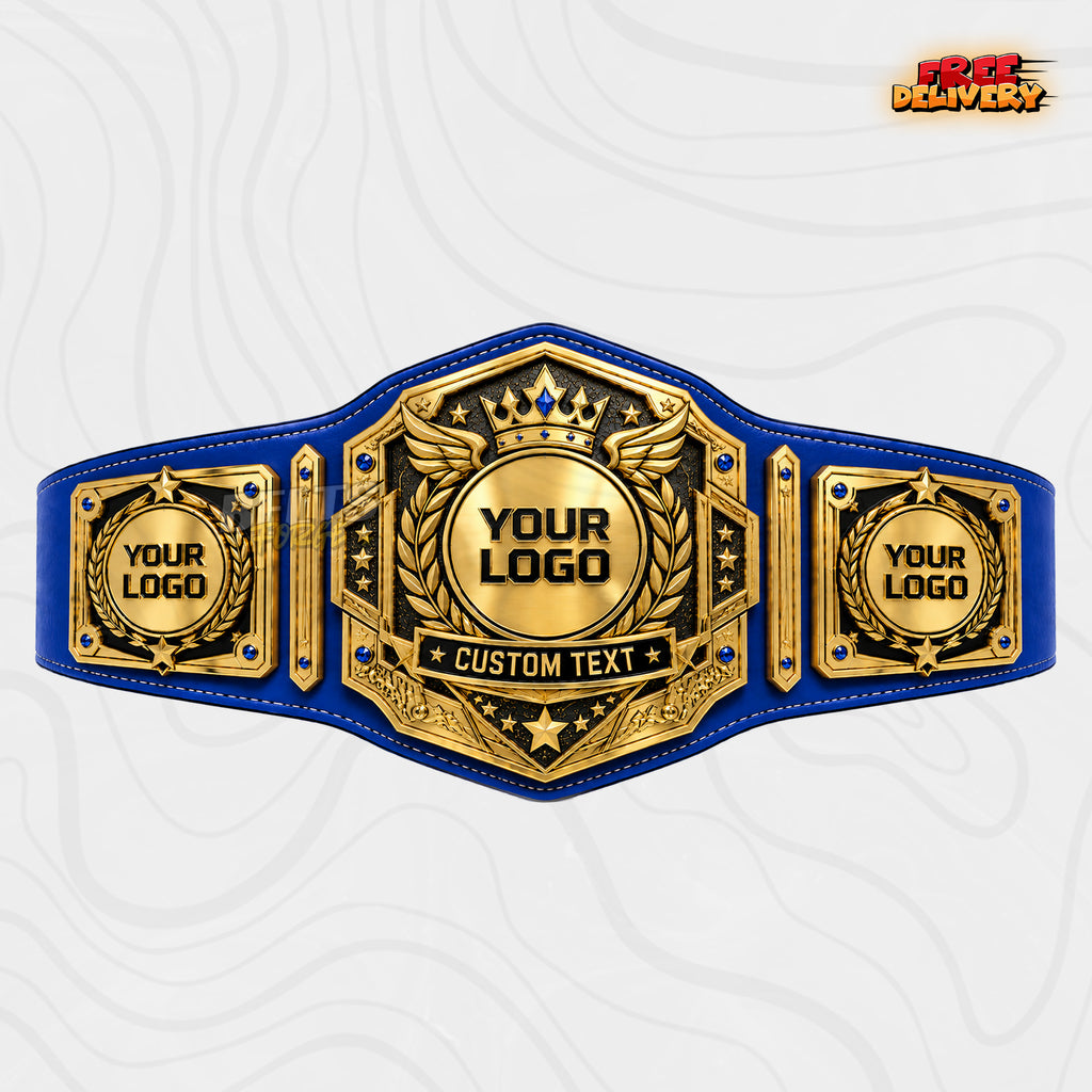 Custom Winged Crown Gemstone Championship Belt in royal blue genuine leather strap showing gold crown wings plate with blue sapphire gems