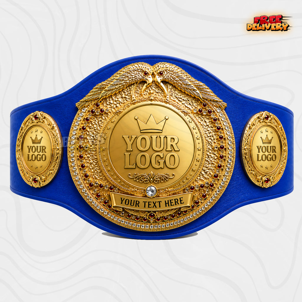 Custom Boxing Twin Eagle Championship Belt in royal blue genuine leather strap showing gold double eagle crown plate ready for custom logo