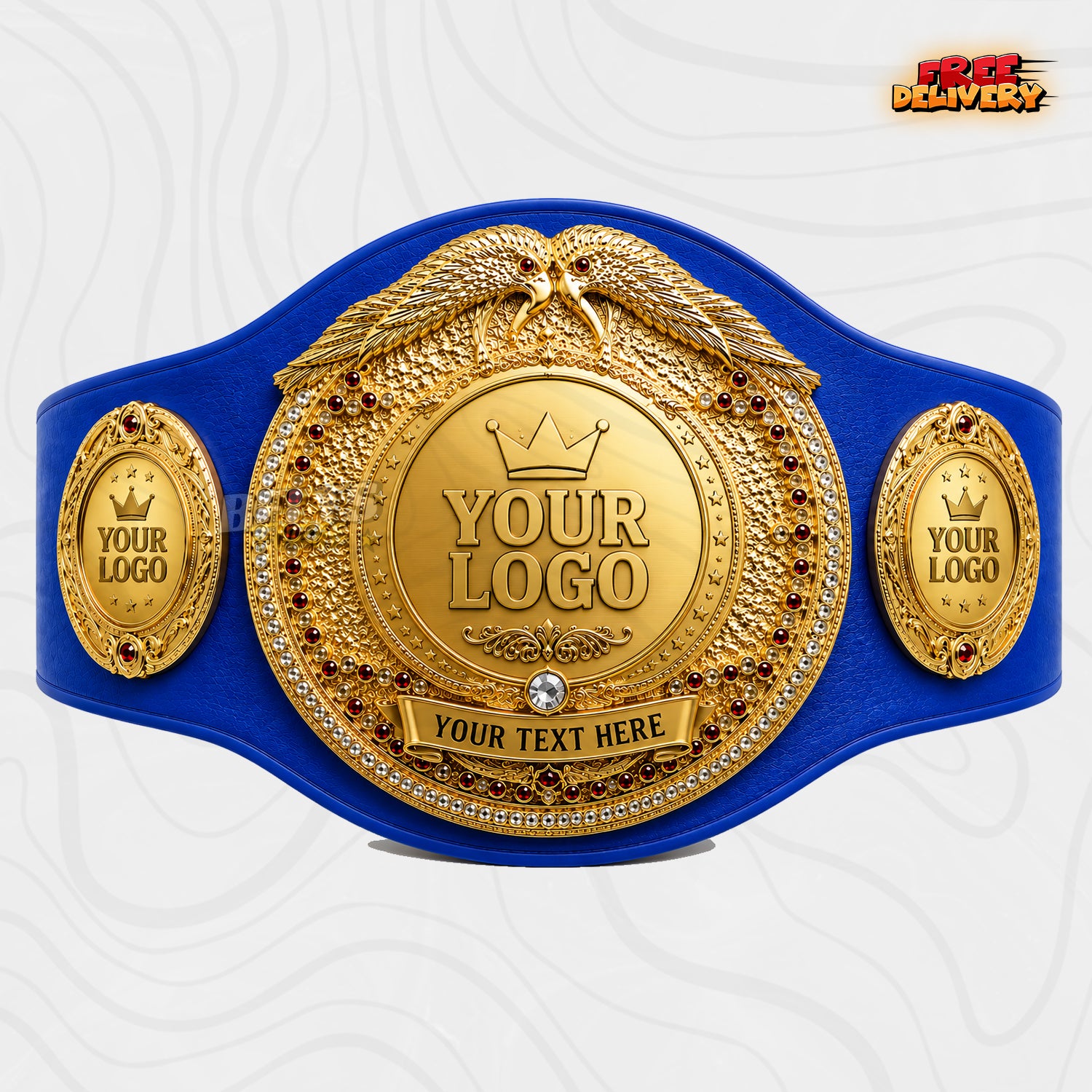 Custom Boxing Twin Eagle Championship Belt in royal blue genuine leather strap showing gold double eagle crown plate ready for custom logo