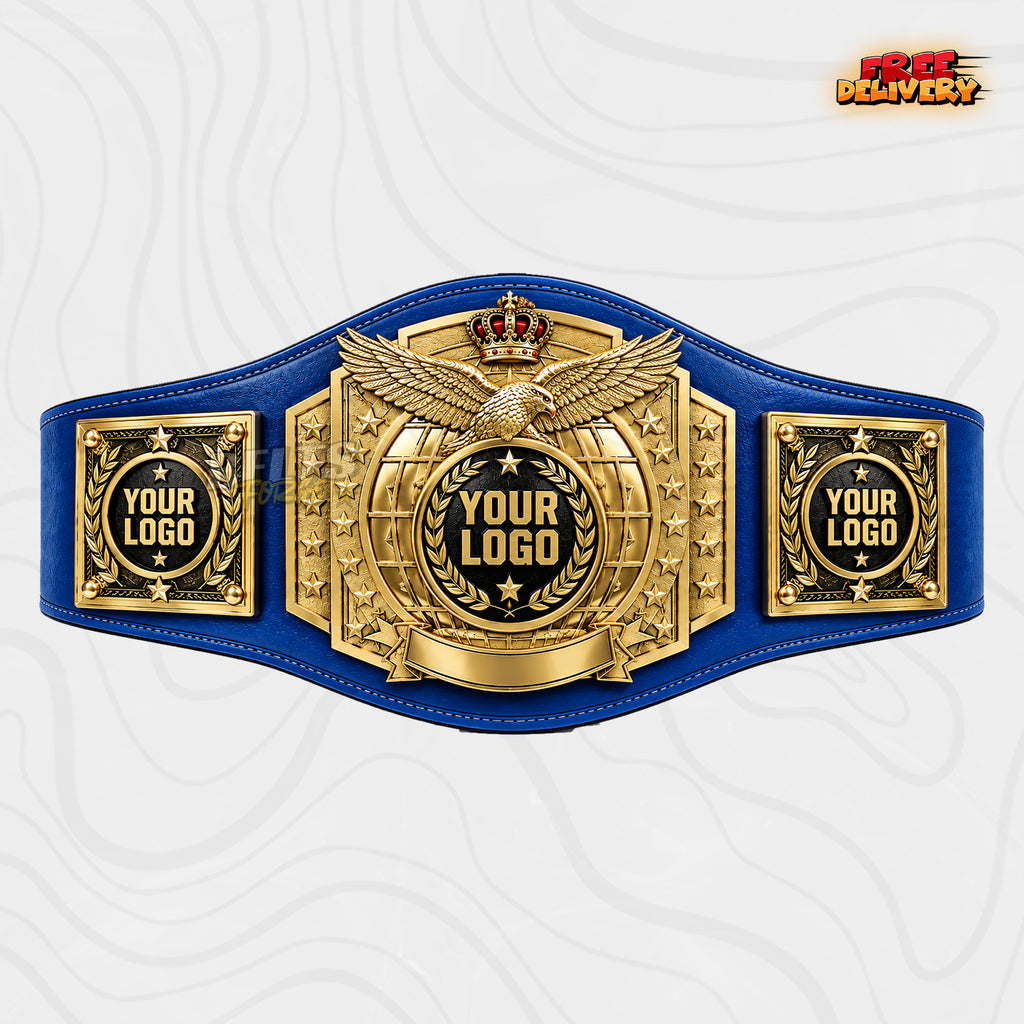 Custom Eagle Crown Globe Championship Belt in royal blue genuine leather strap showing gold eagle globe star plates with custom logo