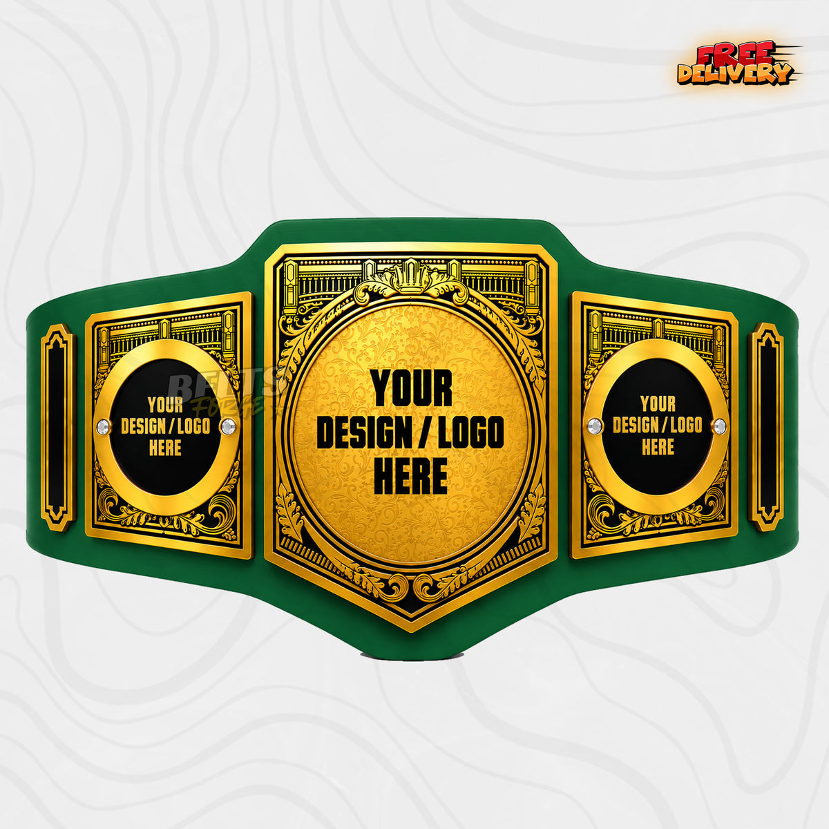Custom Damask Shield Championship Belt in green genuine leather strap showing gold engraved shield plate ready for custom design and logo